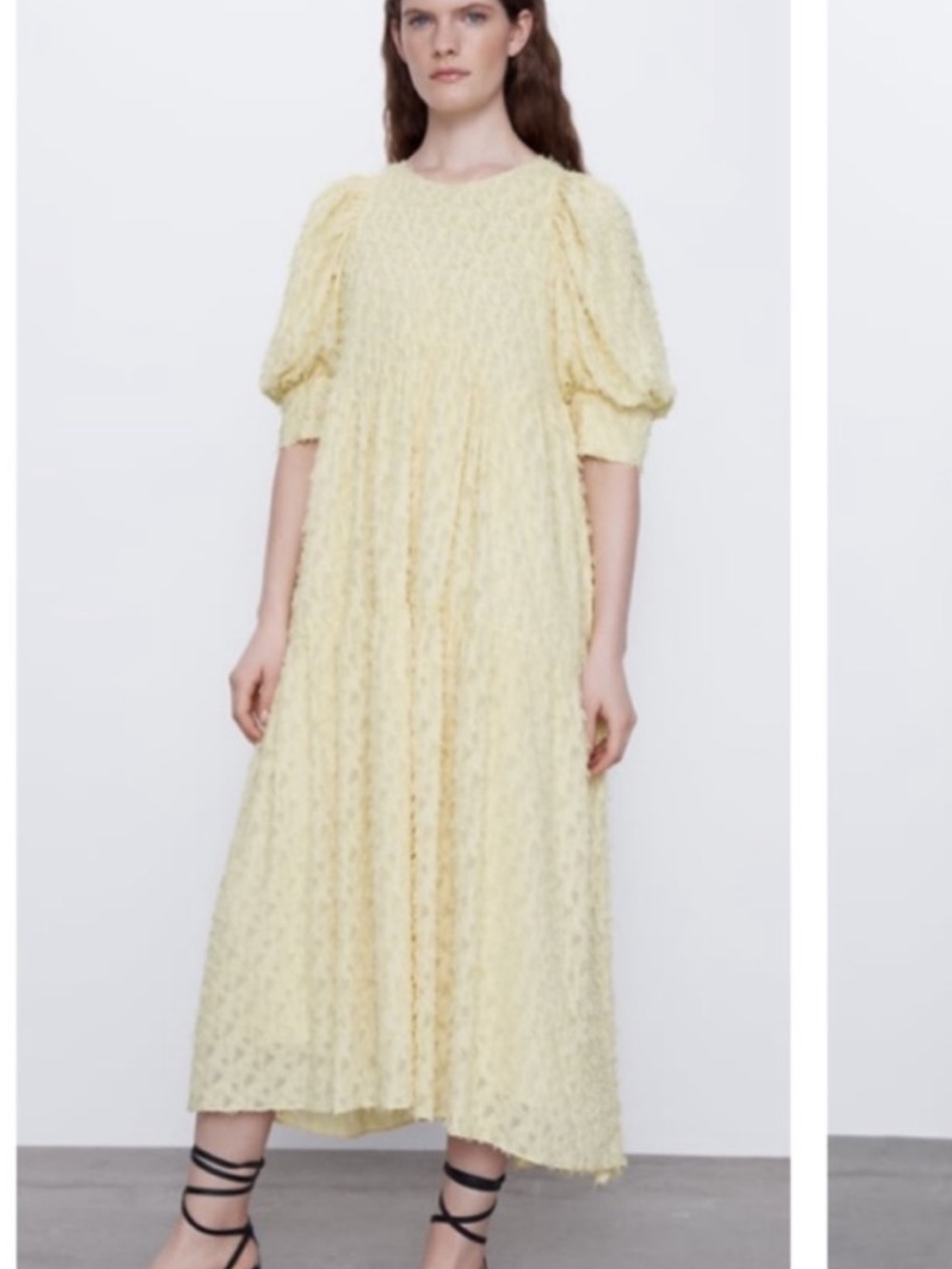 Zara Pale Yellow Textured Maxi Dress with Puff Sleeves